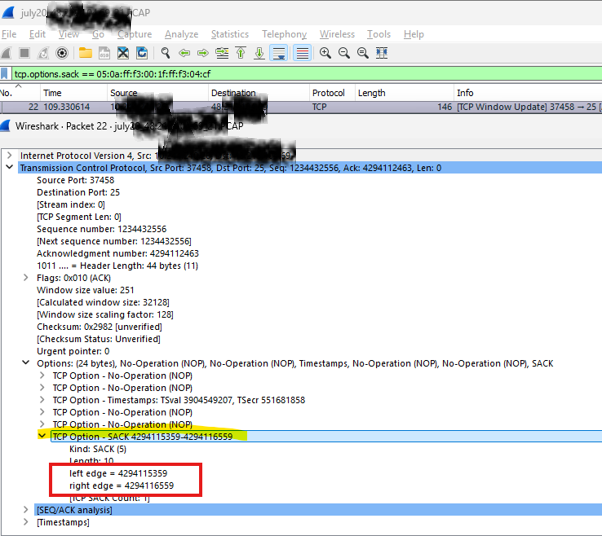 Wireshark TCP SACK block: left edge 4294115359, right edge 4294116559